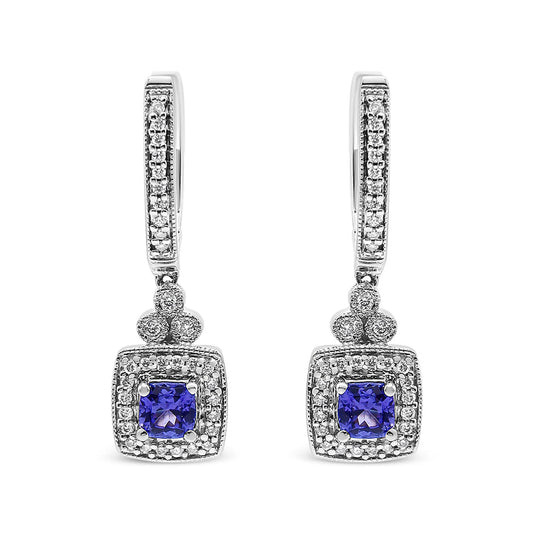 14K White Gold 4x4 mm Cushion Shaped Blue Tanzanite and 1/3 Cttw Diamond Halo 1" Inch Drop and Dangle Earrings (J-K Color, SI2-I1 Clarity)