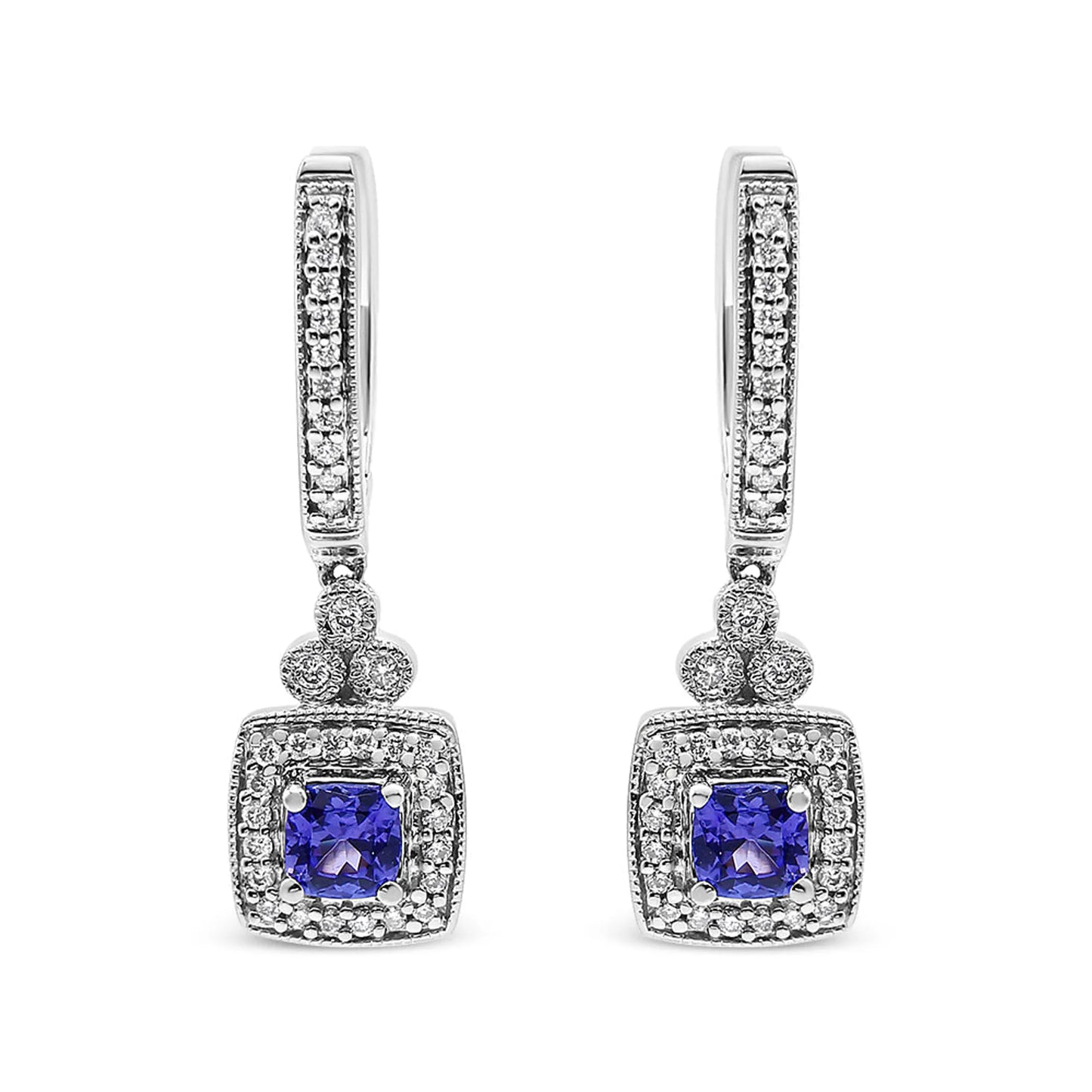 14K White Gold 4x4 mm Cushion Shaped Blue Tanzanite and 1/3 Cttw Diamond Halo 1" Inch Drop and Dangle Earrings (J-K Color, SI2-I1 Clarity)