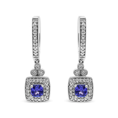 14K White Gold 4x4 mm Cushion Shaped Blue Tanzanite and 1/3 Cttw Diamond Halo 1" Inch Drop and Dangle Earrings (J-K Color, SI2-I1 Clarity)